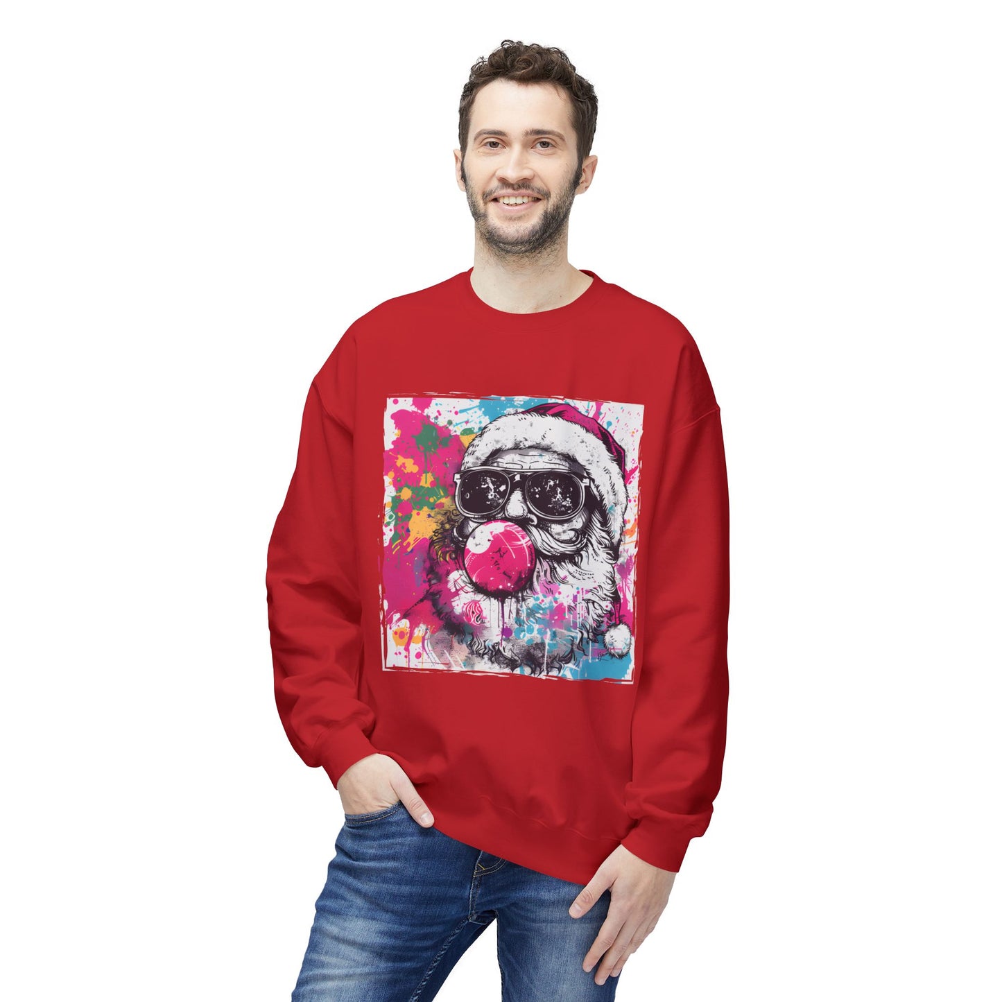Skull Santa Bubblegum Sweatshirt – Colorful Holiday Graphic Crewneck Printify