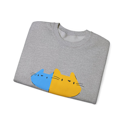 Cat Split Face Crewneck Sweatshirt – Cute Blue & Yellow Cat Graphic Printify