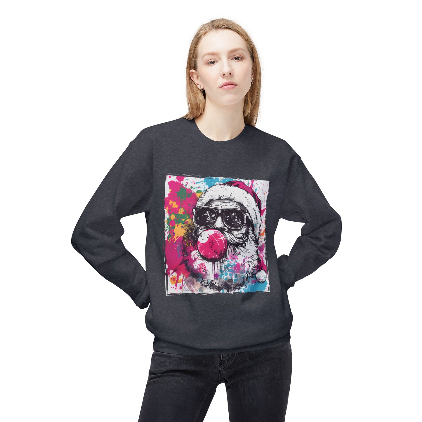Skull Santa Bubblegum Sweatshirt – Colorful Holiday Graphic Crewneck Printify