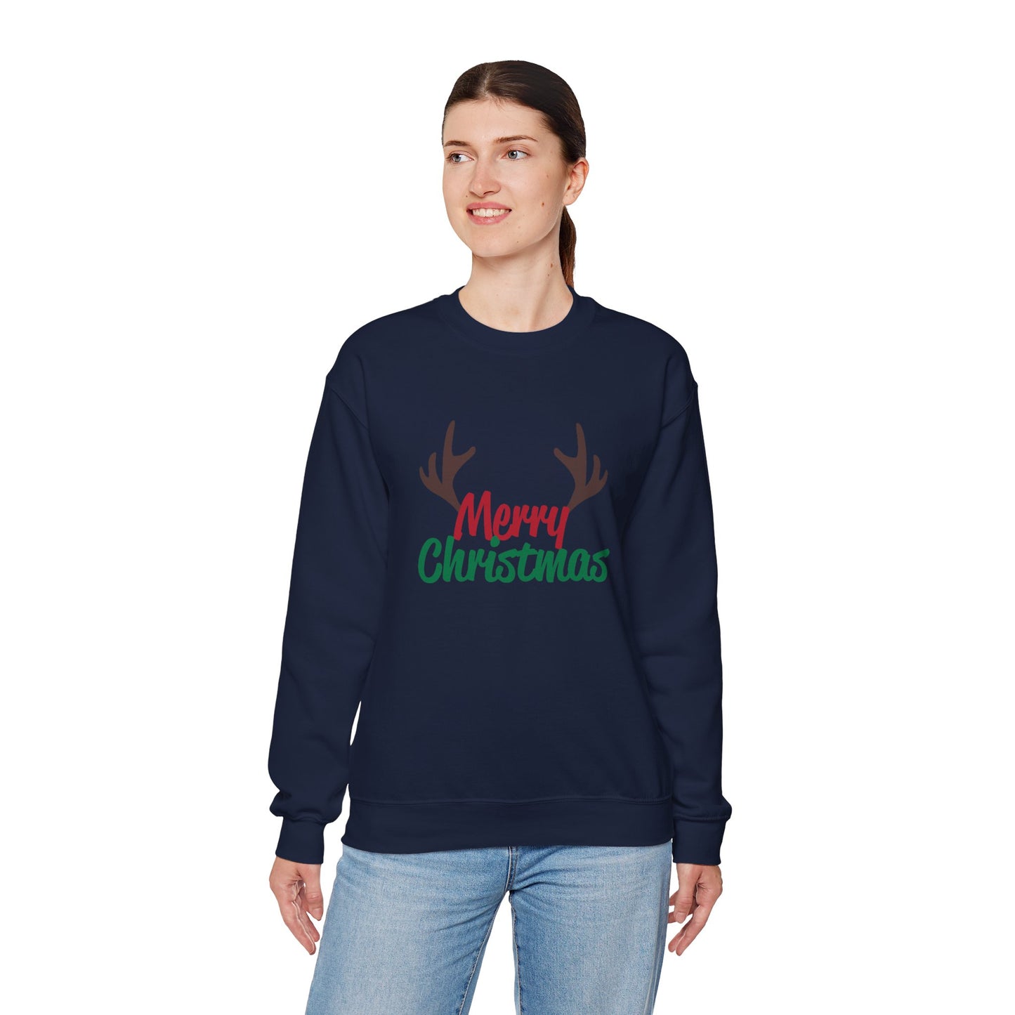 Merry Christmas Reindeer Antlers Crewneck Sweatshirt Printify