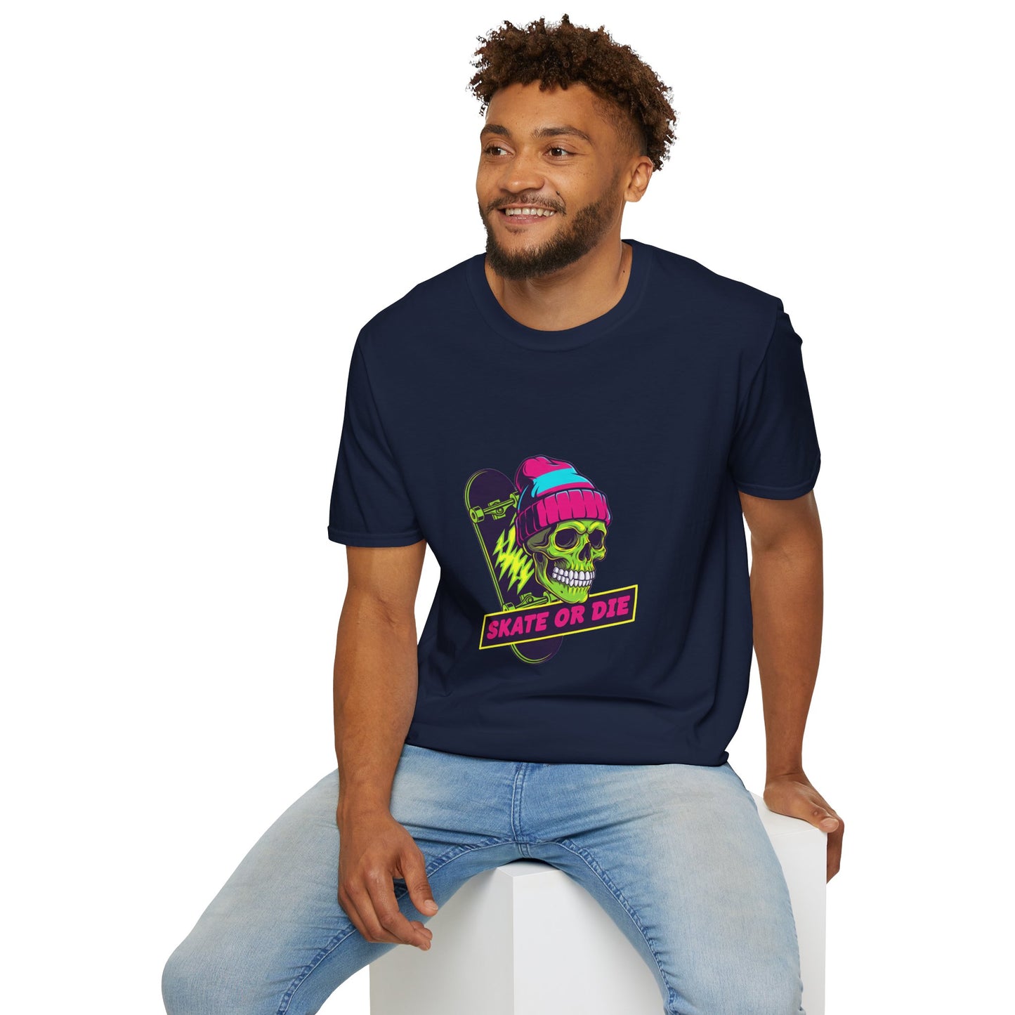 Skate or Die Skull T-Shirt — Neon Skateboard Graphic Tee Printify