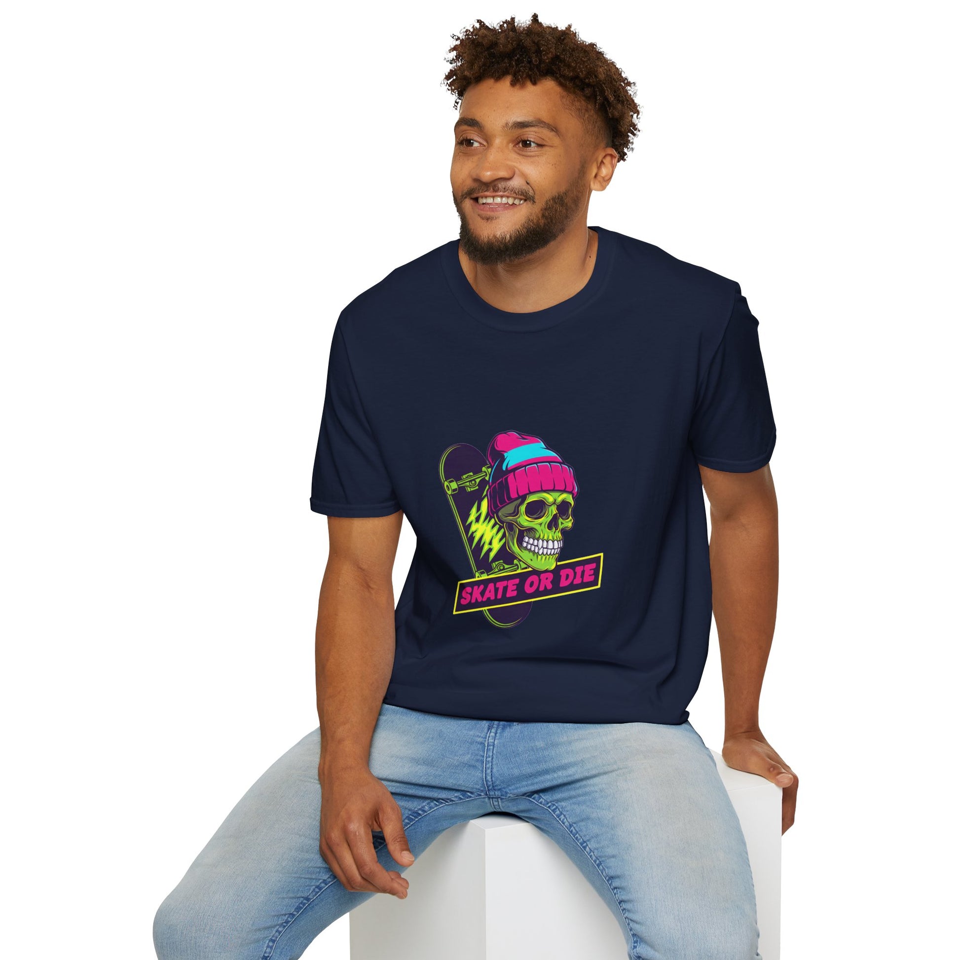 Skate or Die Skull T-Shirt — Neon Skateboard Graphic Tee Printify