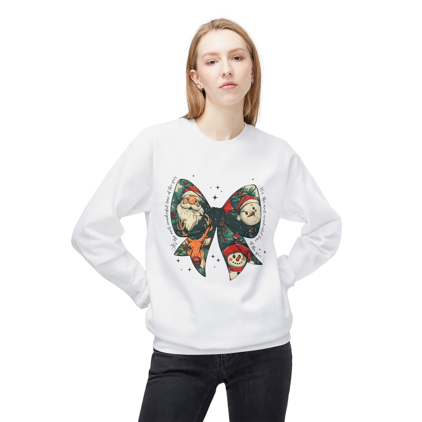 Christmas Bow Sweatshirt — Vintage Santa & Snowman Holiday Crewneck Printify