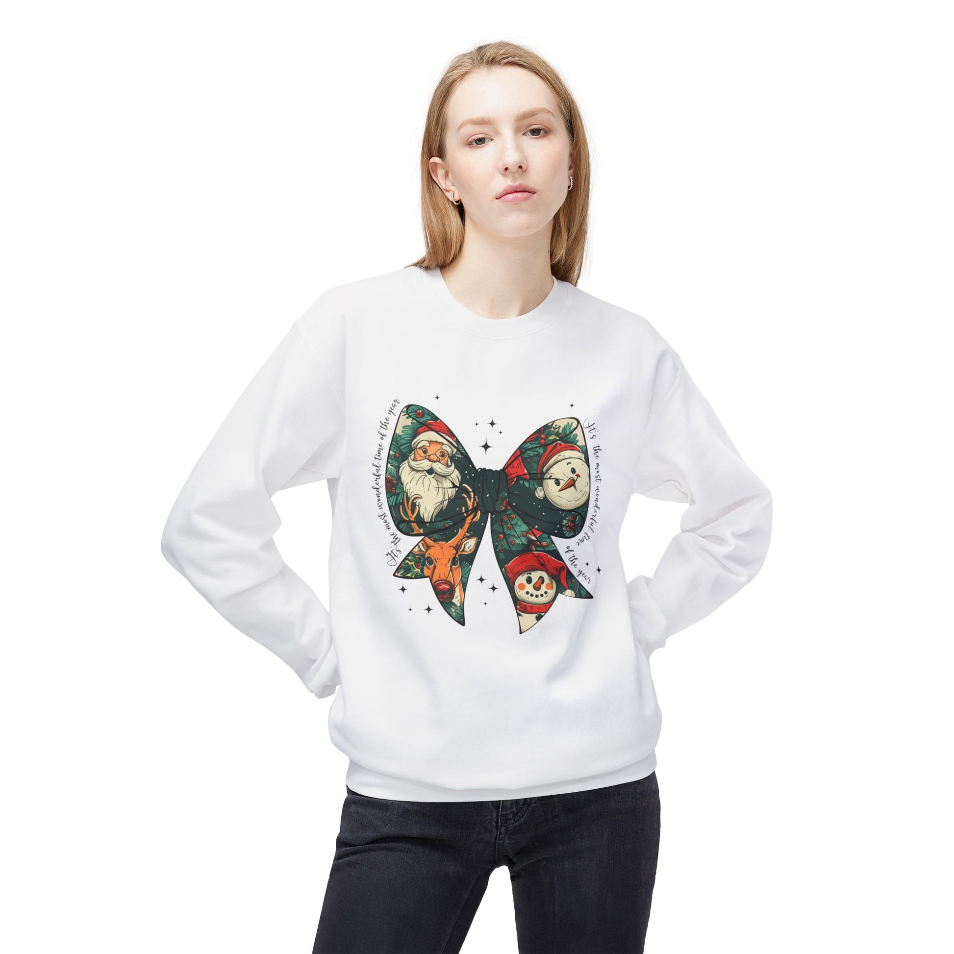 Christmas Bow Sweatshirt — Vintage Santa & Snowman Holiday Crewneck Printify