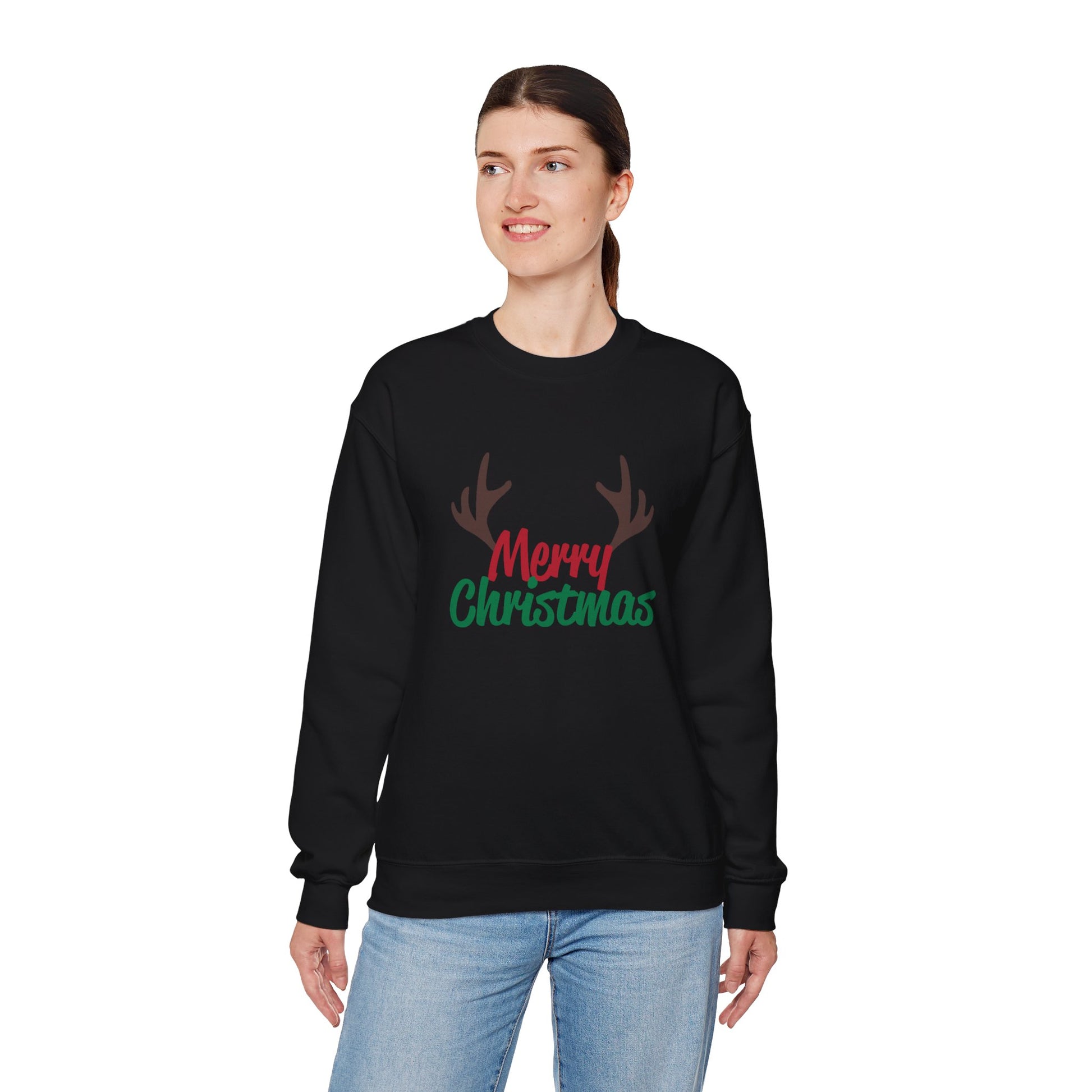 Merry Christmas Reindeer Antlers Crewneck Sweatshirt Printify