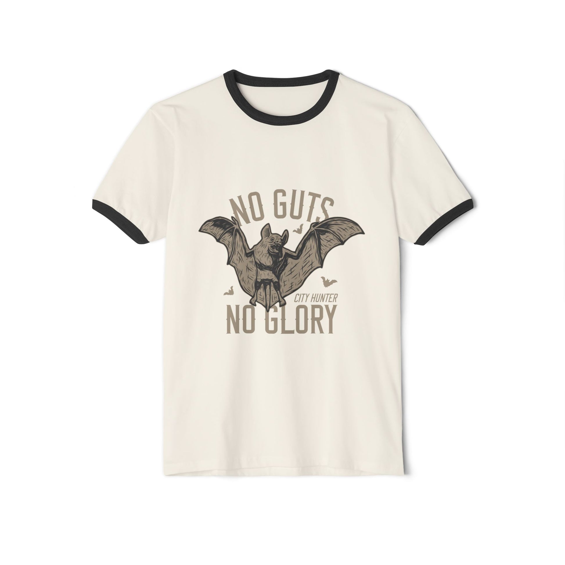 Bat Hunter Ringer Tee — "No Guts No Glory" Vintage Graphic T-Shirt Printify
