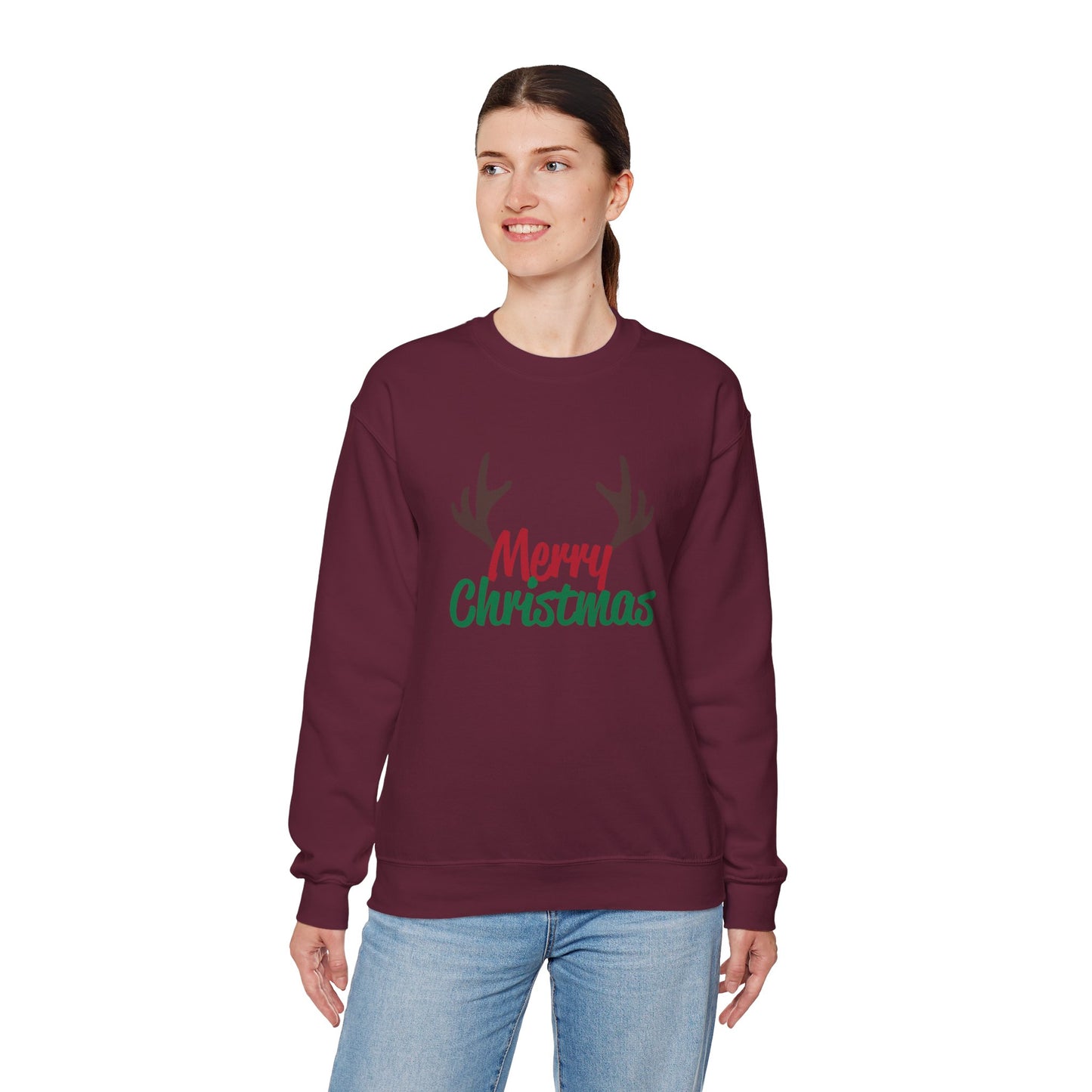 Merry Christmas Reindeer Antlers Crewneck Sweatshirt Printify