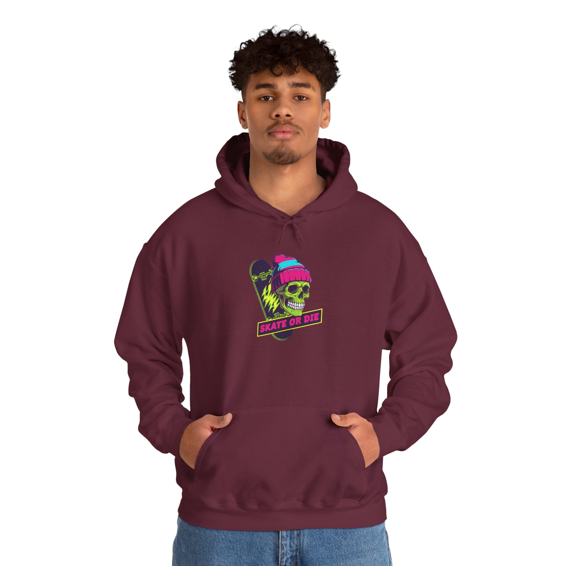 Skate or Die Skull Skateboard Hoodie — Neon Retro Skull Beanie Design Printify