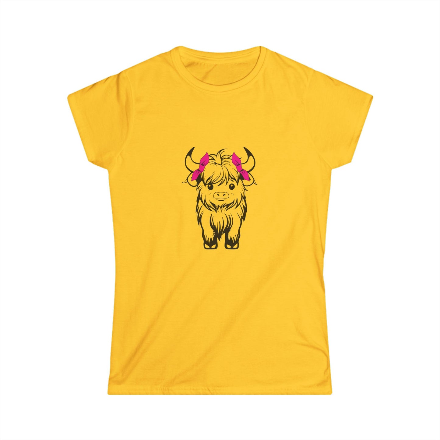 Highland Cow Tee — Cute Yak Illustration Women's T-Shirt with Pink Horn Bows Printify