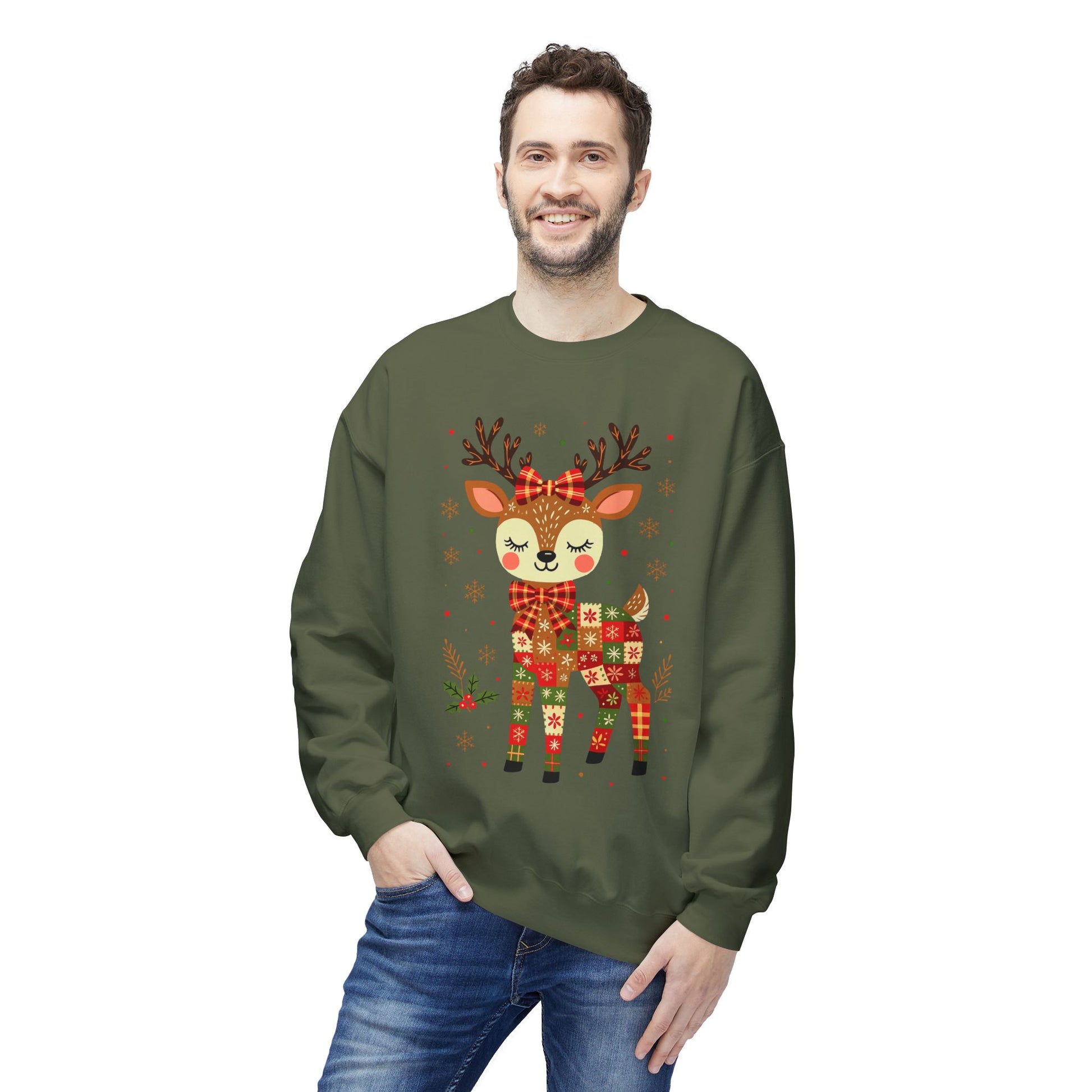 Christmas Patchwork Reindeer Sweatshirt Printify