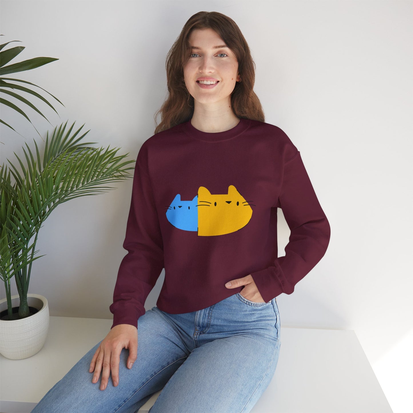 Cat Split Face Crewneck Sweatshirt – Cute Blue & Yellow Cat Graphic Printify