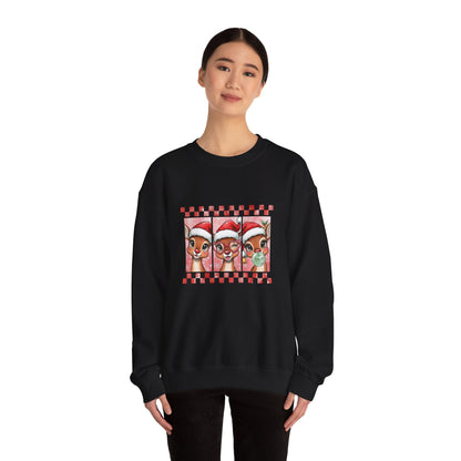 Christmas Reindeer Trio Crewneck Sweatshirt – Cute Santa Hat Holiday Sweater Printify