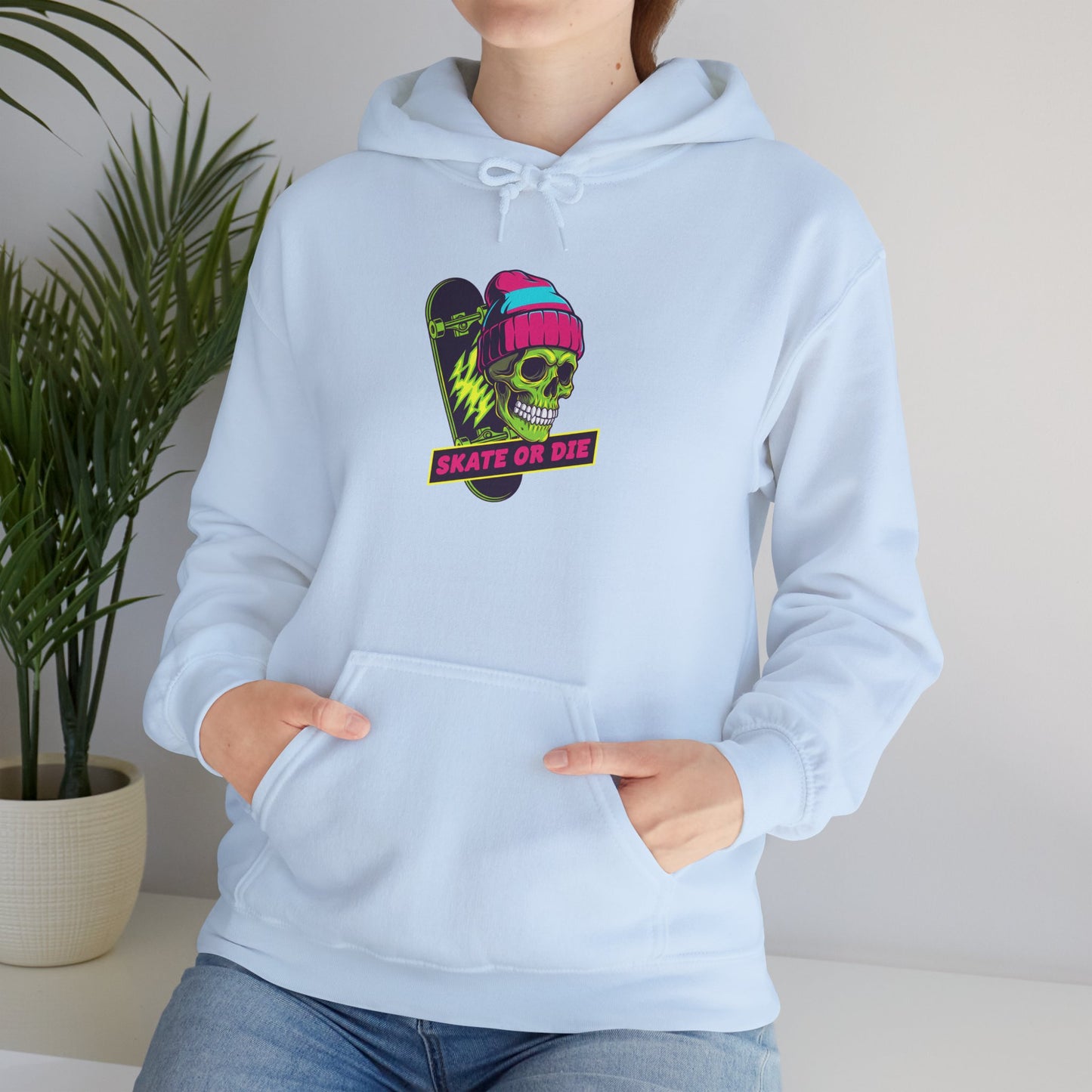 Skate or Die Skull Skateboard Hoodie — Neon Retro Skull Beanie Design Printify