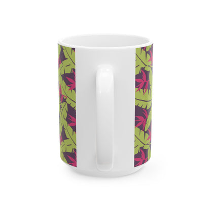 Tropical Leaf Pattern Ceramic Mug — Green & Pink Botanical Coffee Cup (11oz/15oz) Printify