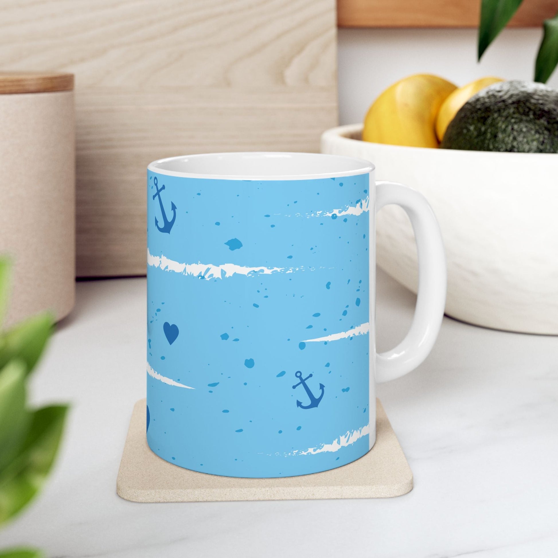 Nautical Blue Anchor & Hearts Ceramic Mug (11oz, 15oz) Printify