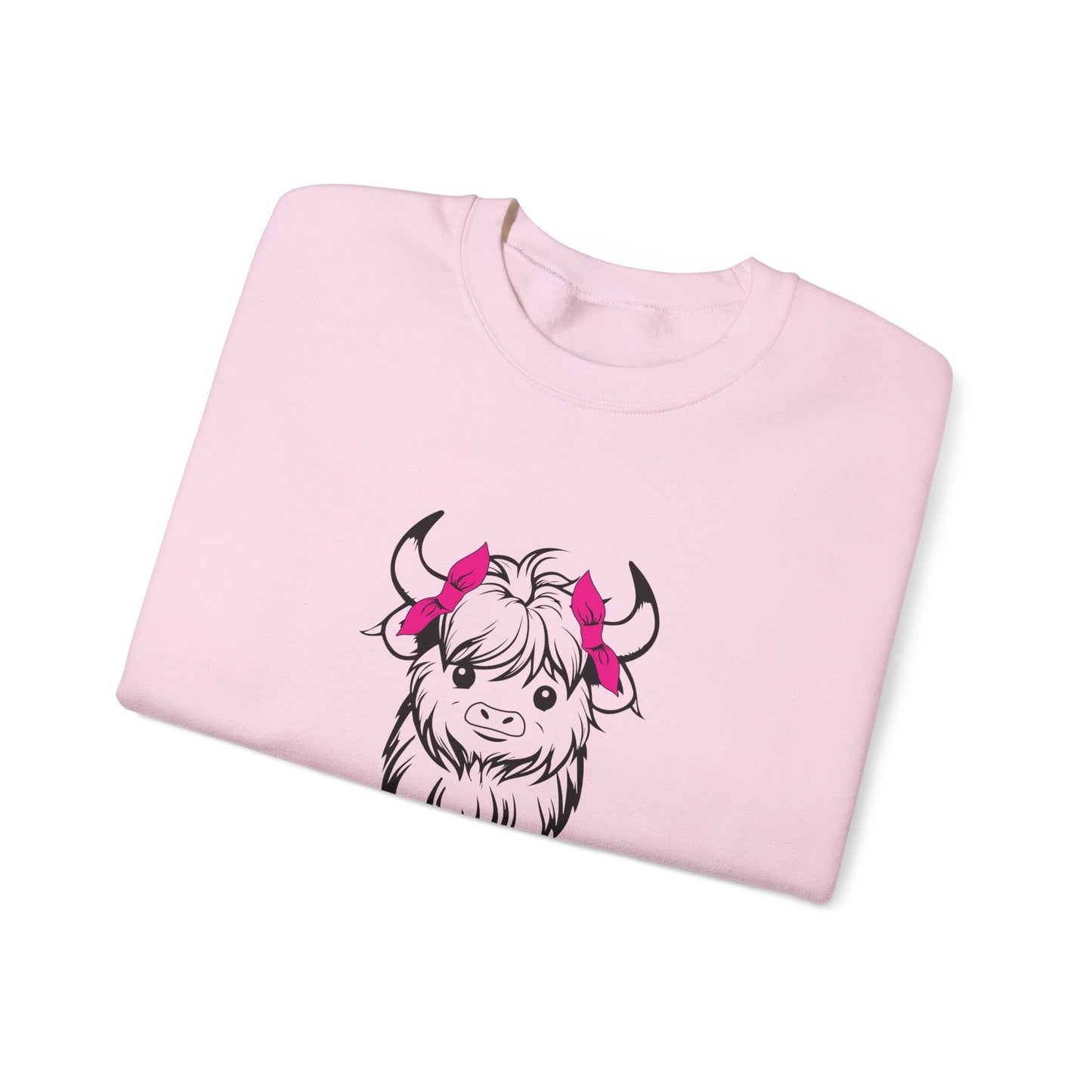 Highland Cow Crewneck Sweatshirt — Cute Yak Illustration with Pink Horns Printify