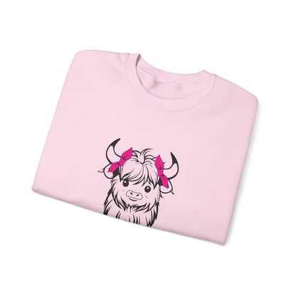 Highland Cow Crewneck Sweatshirt — Cute Yak Illustration with Pink Horns Printify