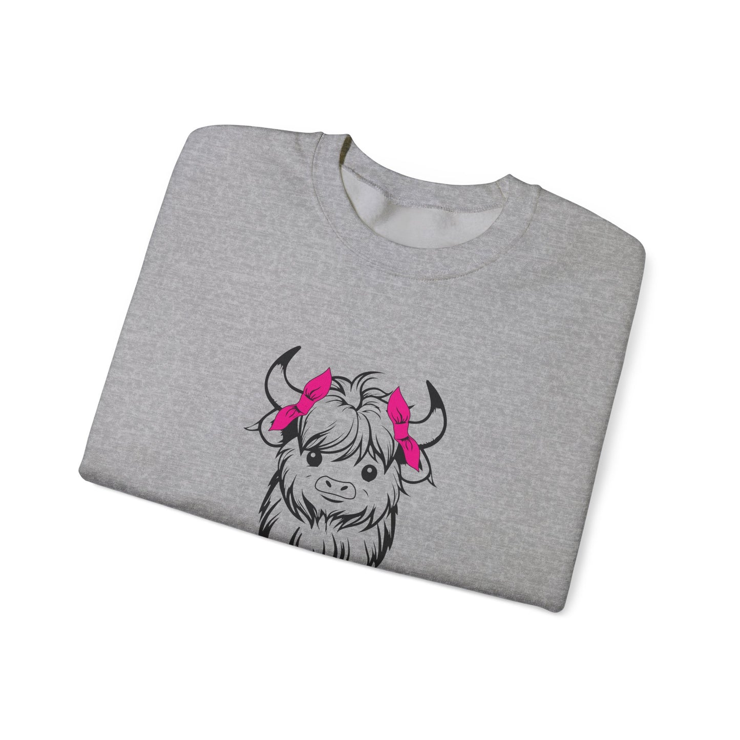 Highland Cow Crewneck Sweatshirt — Cute Yak Illustration with Pink Horns Printify