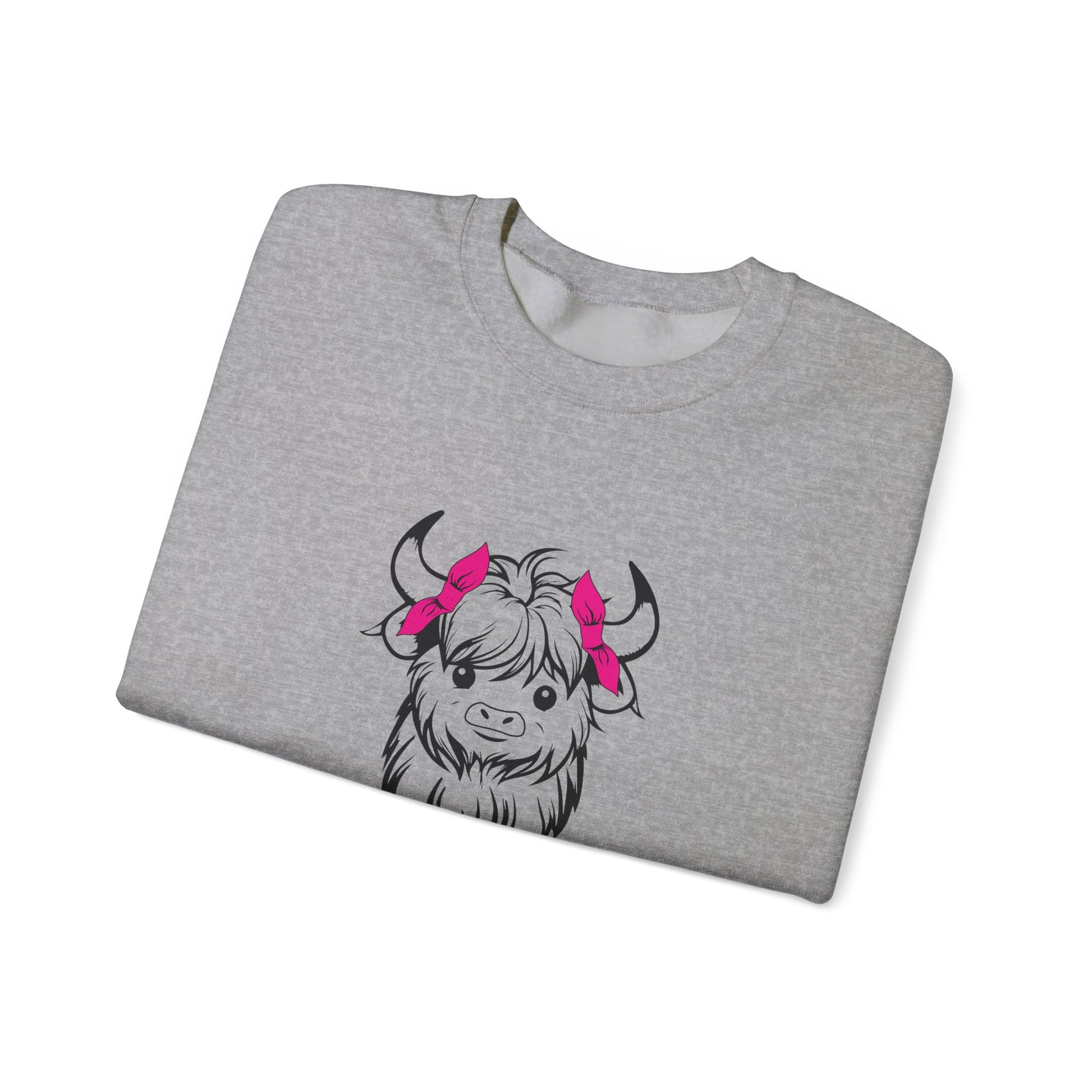 Highland Cow Crewneck Sweatshirt — Cute Yak Illustration with Pink Horns Printify