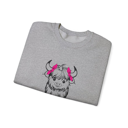 Highland Cow Crewneck Sweatshirt — Cute Yak Illustration with Pink Horns Printify