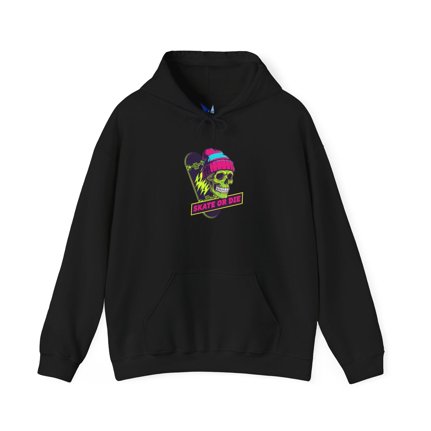 Skate or Die Skull Skateboard Hoodie — Neon Retro Skull Beanie Design Printify