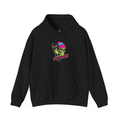 Skate or Die Skull Skateboard Hoodie — Neon Retro Skull Beanie Design Printify