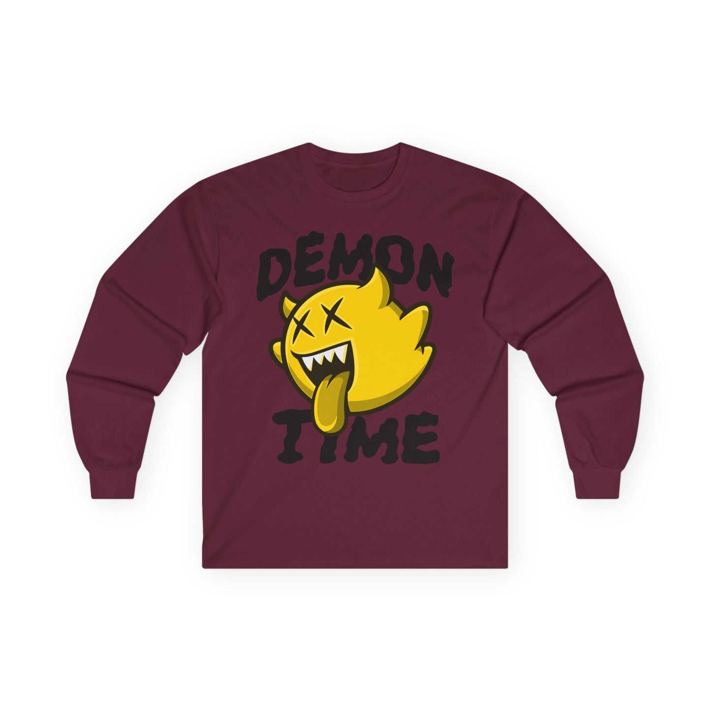 Long Sleeve Tee — "Demon Time" Yellow Cartoon Demon Graphic T-shirt Printify