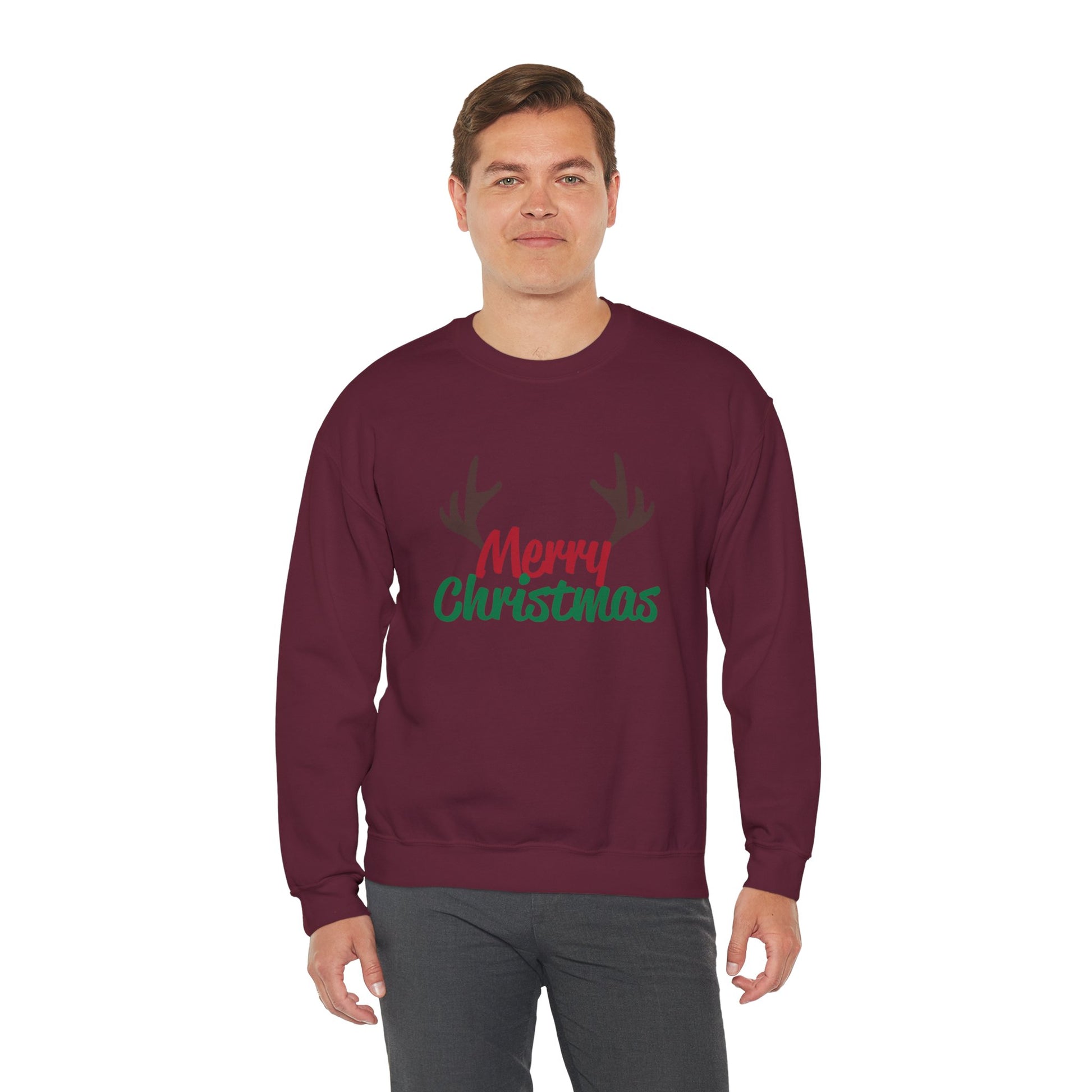 Merry Christmas Reindeer Antlers Crewneck Sweatshirt Printify
