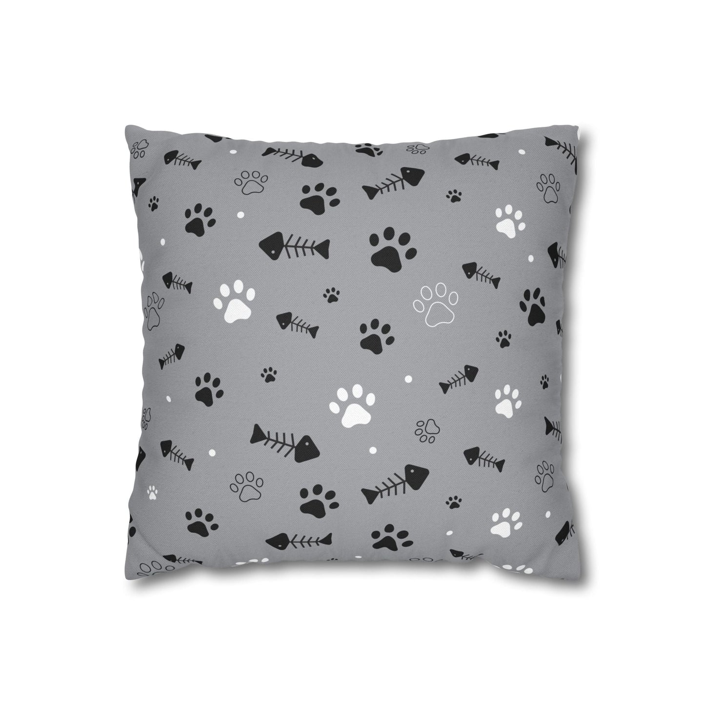 Cat Paw Print Decorative Pillowcase — Grey Fishbone & Paw Pattern Cushion Cover Printify