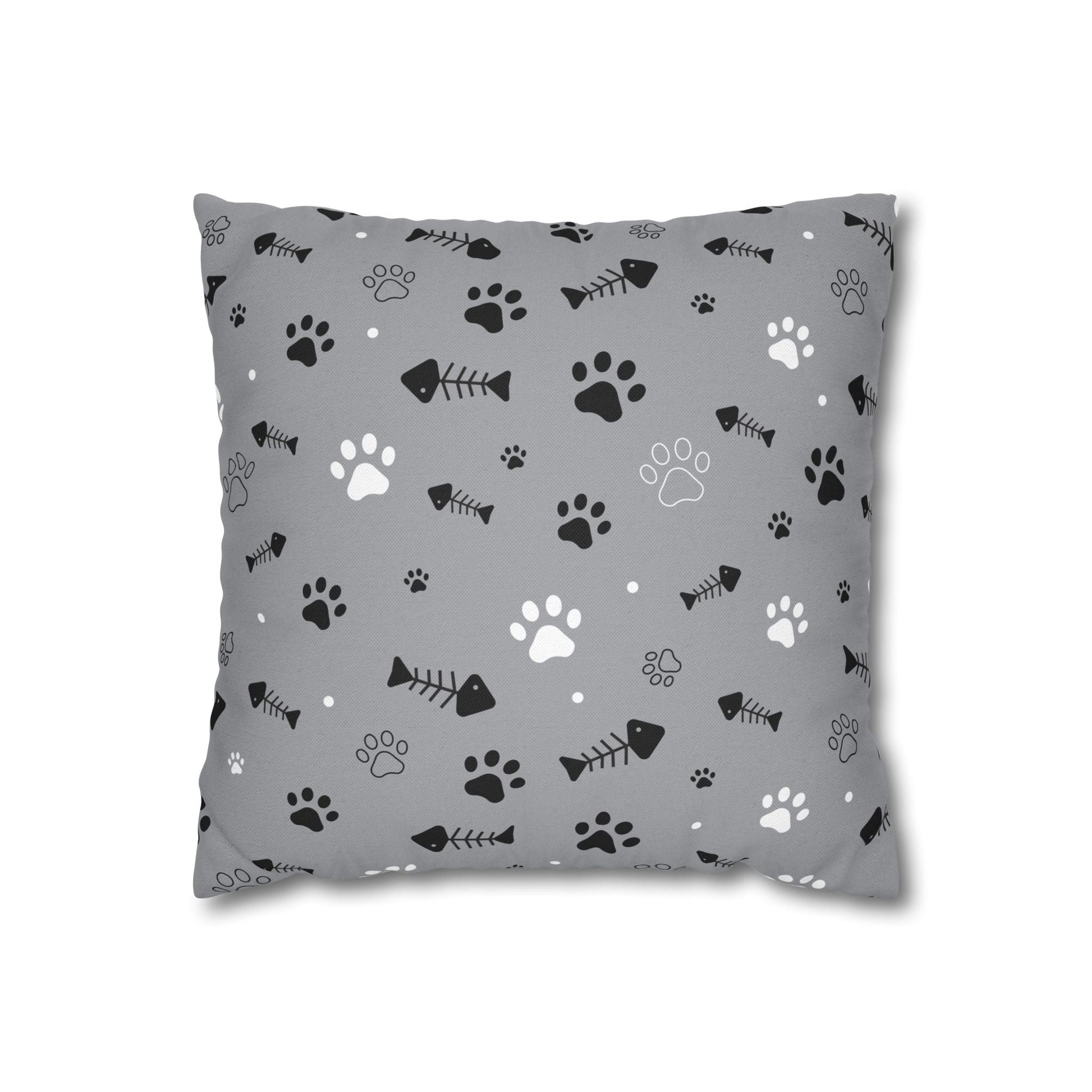 Cat Paw Print Decorative Pillowcase — Grey Fishbone & Paw Pattern Cushion Cover Printify
