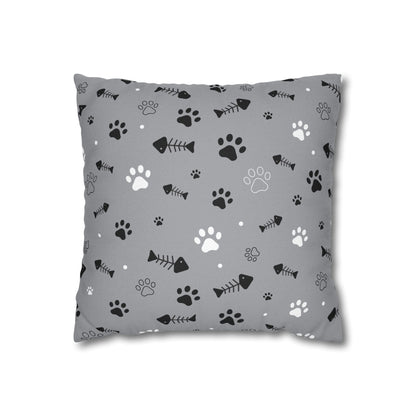 Cat Paw Print Decorative Pillowcase — Grey Fishbone & Paw Pattern Cushion Cover Printify