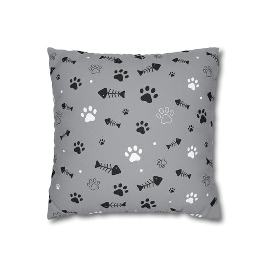 Cat Paw Print Decorative Pillowcase — Grey Fishbone & Paw Pattern Cushion Cover Printify