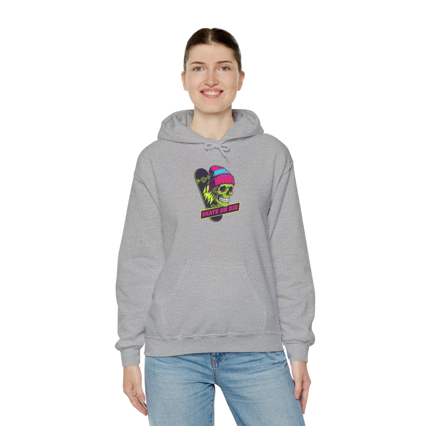 Skate or Die Skull Skateboard Hoodie — Neon Retro Skull Beanie Design Printify