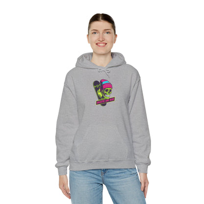 Skate or Die Skull Skateboard Hoodie — Neon Retro Skull Beanie Design Printify