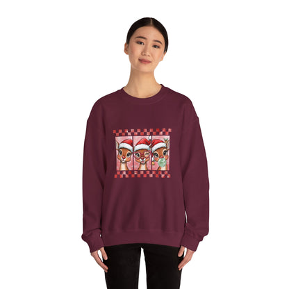 Christmas Reindeer Trio Crewneck Sweatshirt – Cute Santa Hat Holiday Sweater Printify