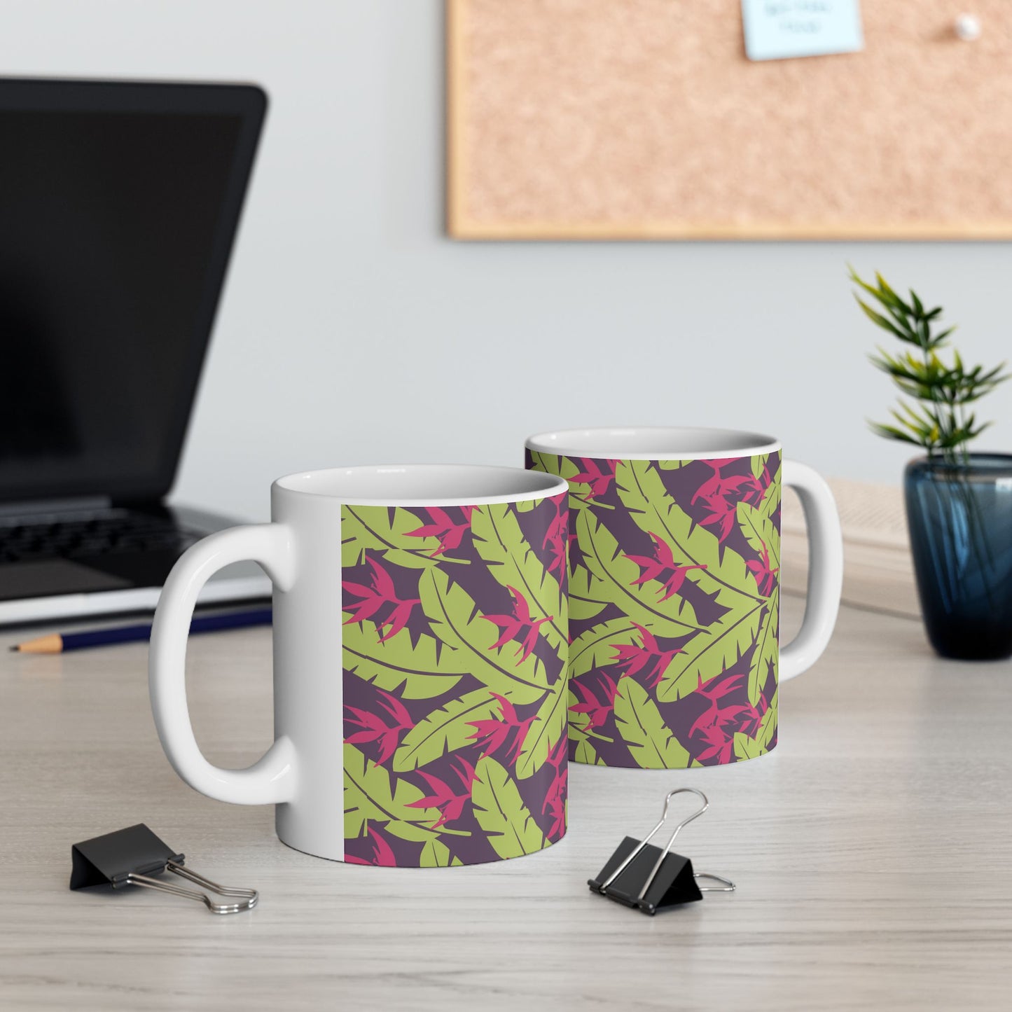 Tropical Leaf Pattern Ceramic Mug — Green & Pink Botanical Coffee Cup (11oz/15oz) Printify
