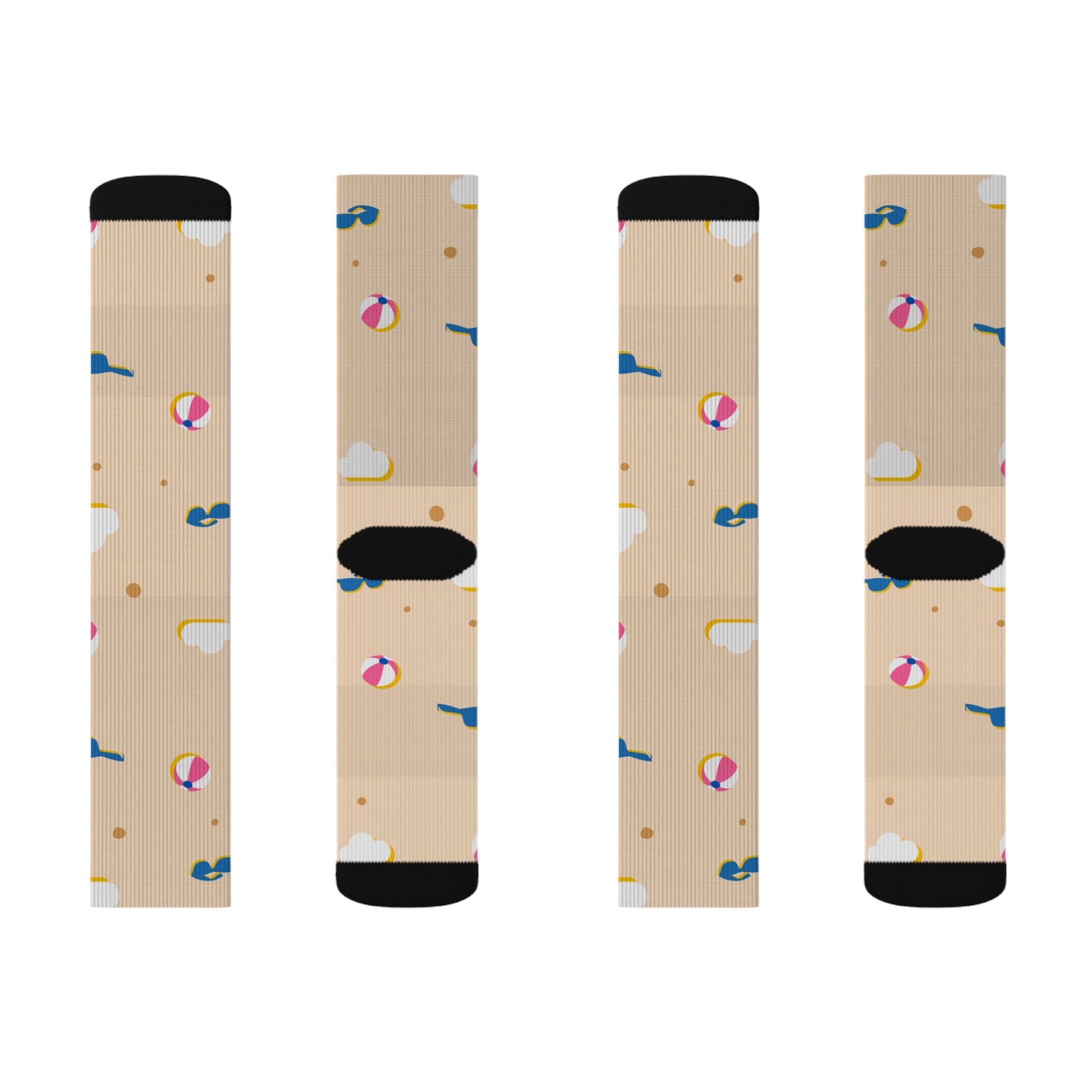 Beach Day Sublimation Socks — Sand, Sunglasses & Beach Ball Pattern Printify