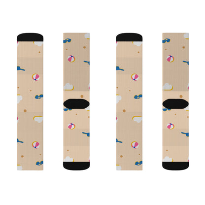 Beach Day Sublimation Socks — Sand, Sunglasses & Beach Ball Pattern Printify