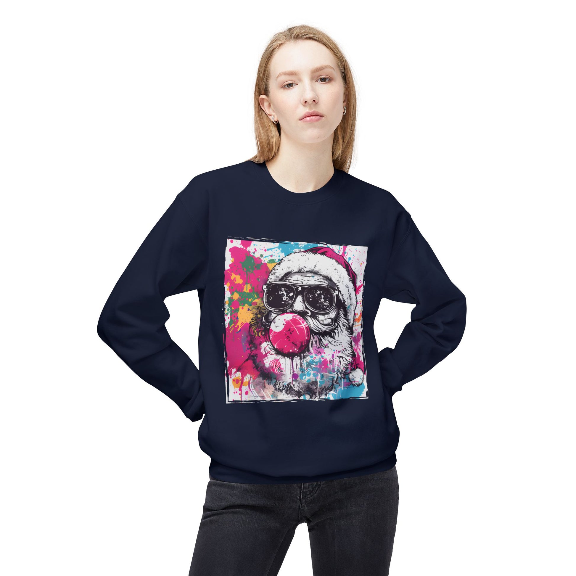 Skull Santa Bubblegum Sweatshirt – Colorful Holiday Graphic Crewneck Printify