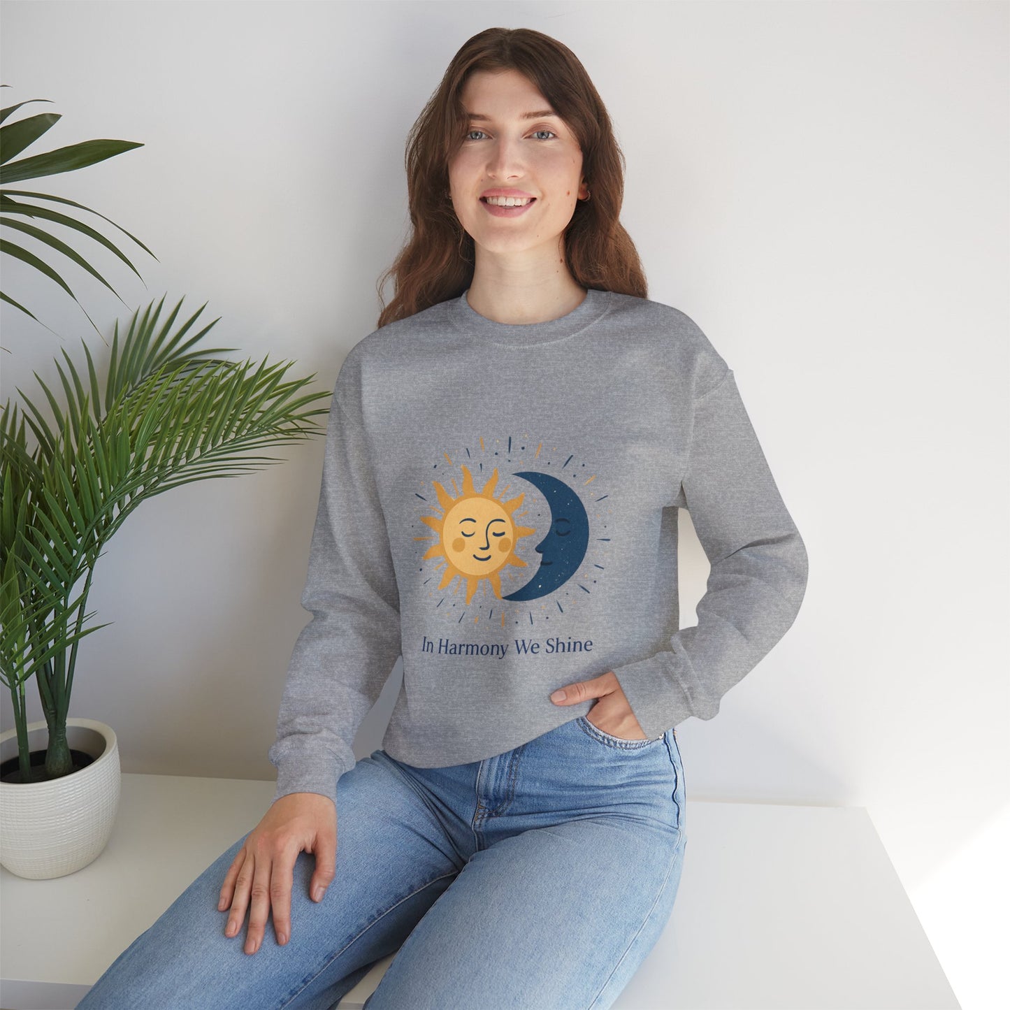Sun and Moon Crewneck Sweatshirt — "In Harmony We Shine" Cozy Astrology Pullover Printify