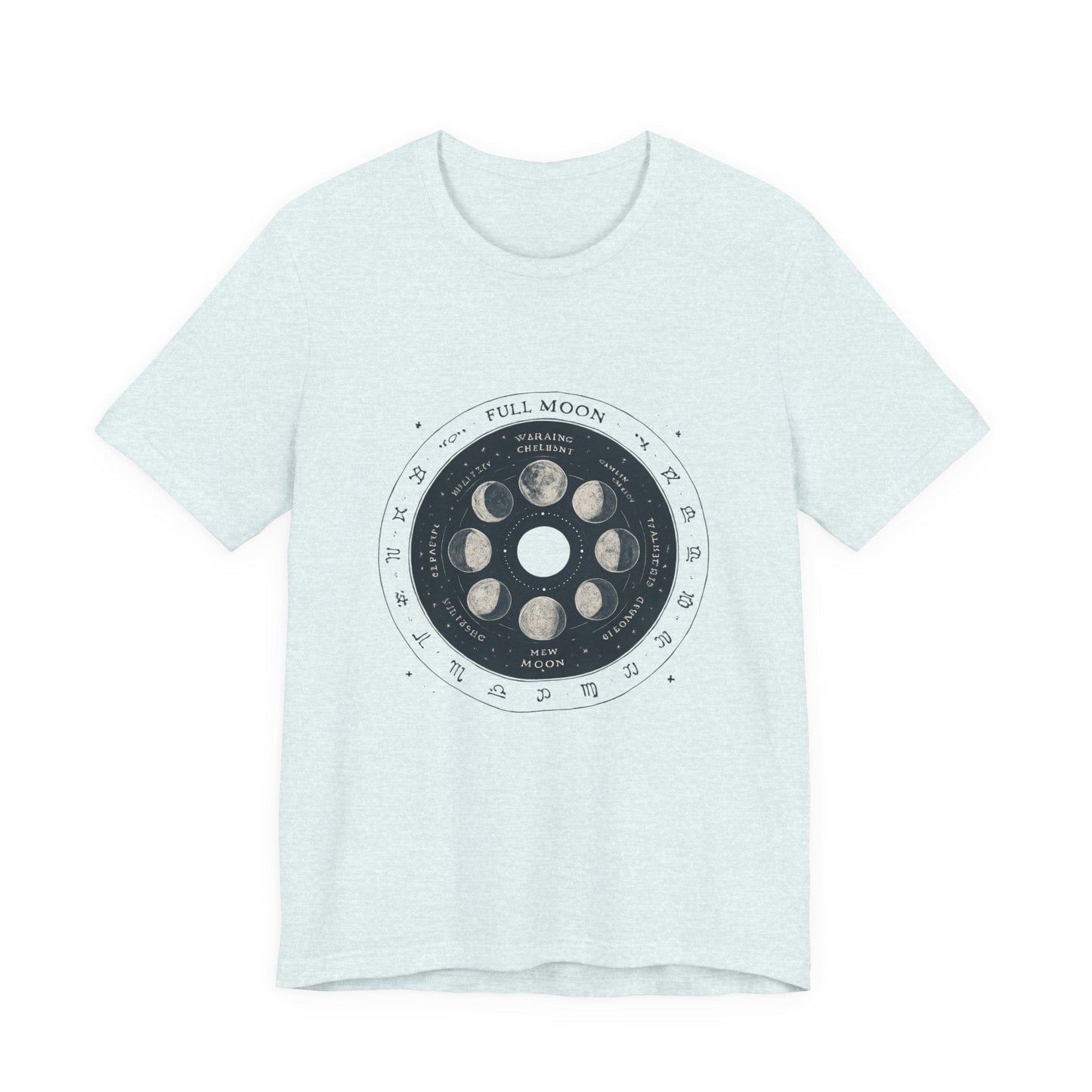 Moon Phases T-Shirt — Illustrated Lunar Cycle Tee (Full Moon, New Moon & Zodiac Icons) Printify