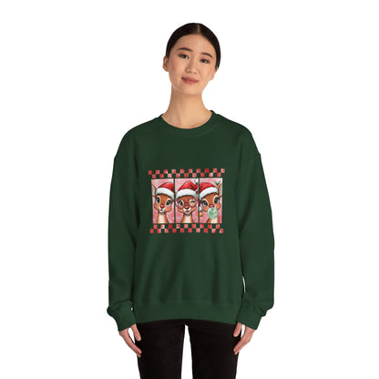 Christmas Reindeer Trio Crewneck Sweatshirt – Cute Santa Hat Holiday Sweater Printify