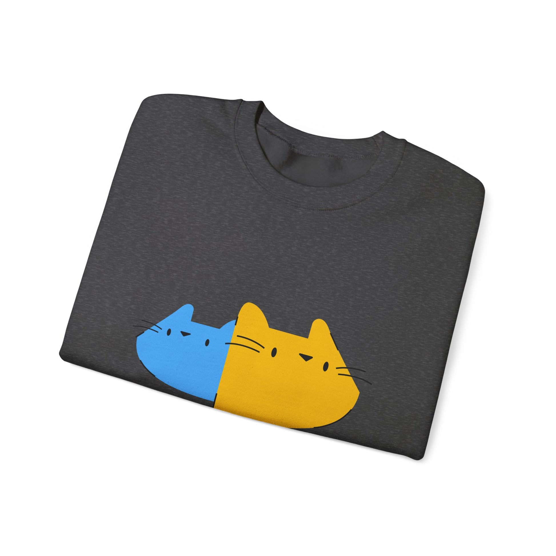 Cat Split Face Crewneck Sweatshirt – Cute Blue & Yellow Cat Graphic Printify