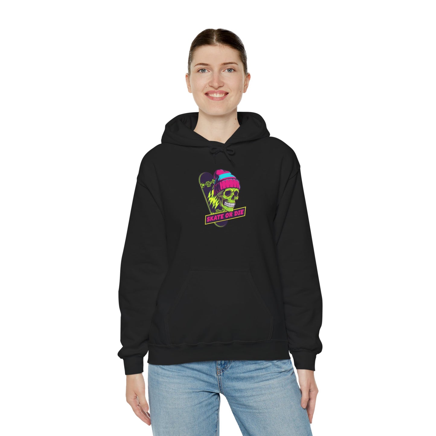 Skate or Die Skull Skateboard Hoodie — Neon Retro Skull Beanie Design Printify