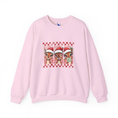 Christmas Reindeer Trio Crewneck Sweatshirt – Cute Santa Hat Holiday Sweater Printify