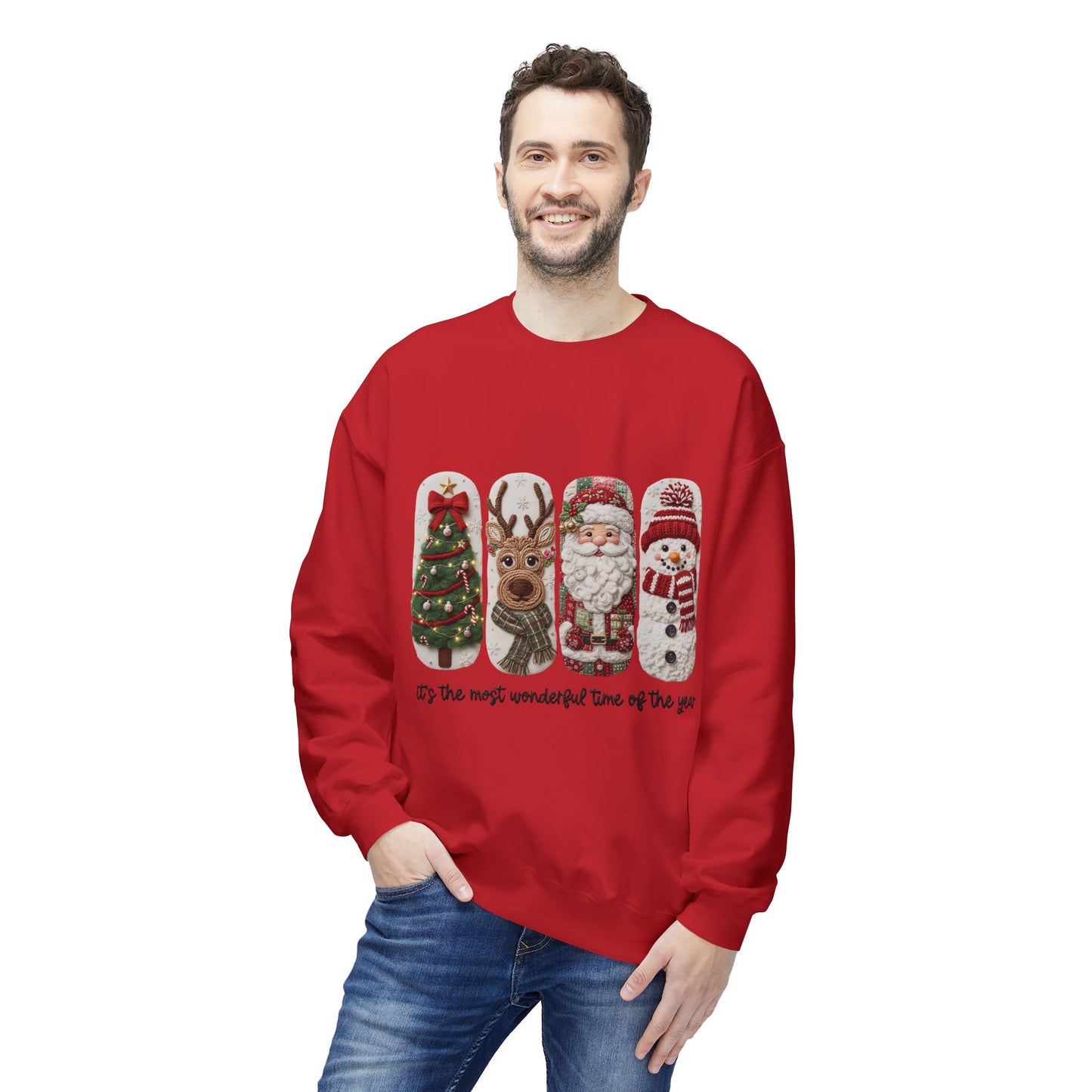 Christmas Crewneck Sweatshirt — Festive Tree Reindeer Santa Snowman Design Printify