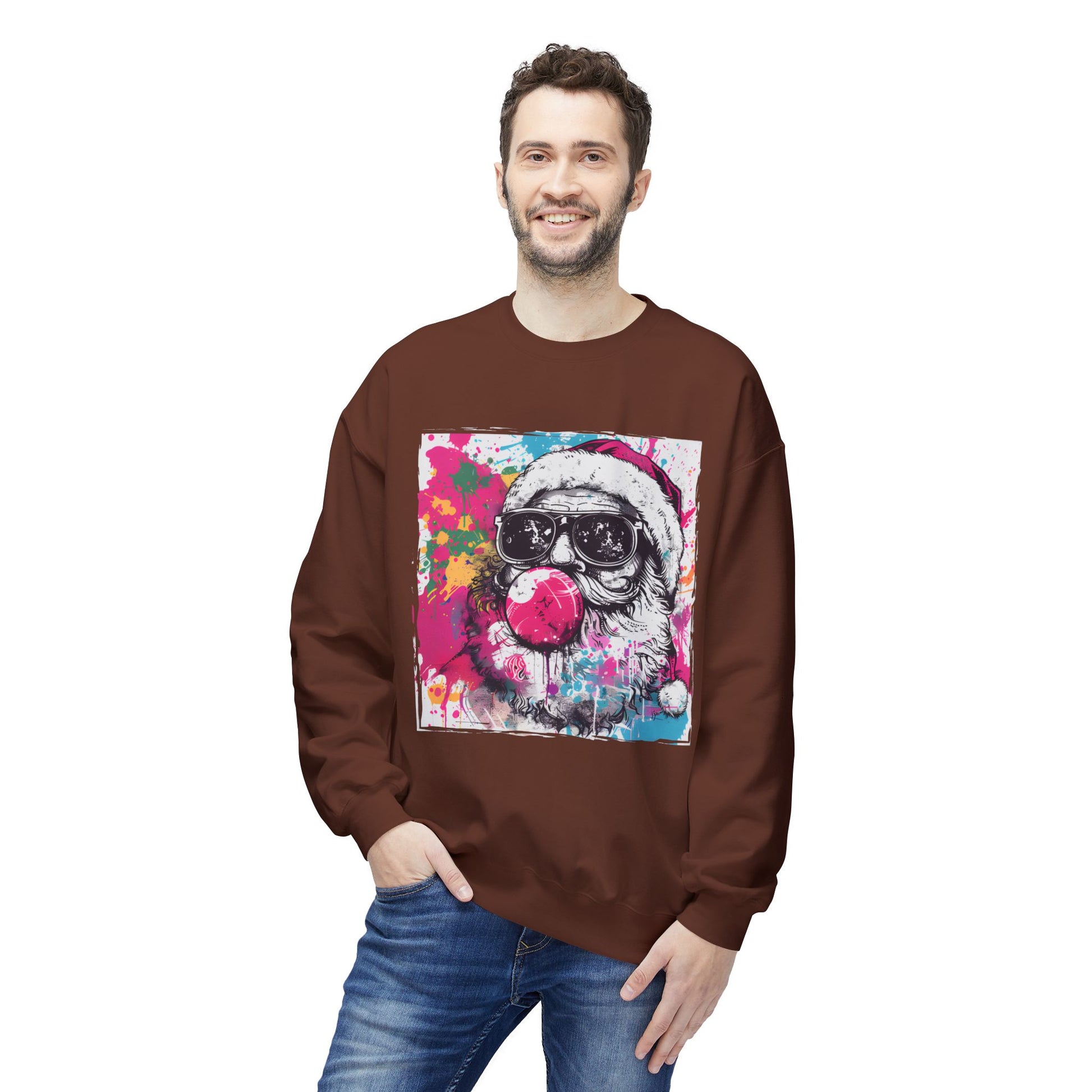 Skull Santa Bubblegum Sweatshirt – Colorful Holiday Graphic Crewneck Printify