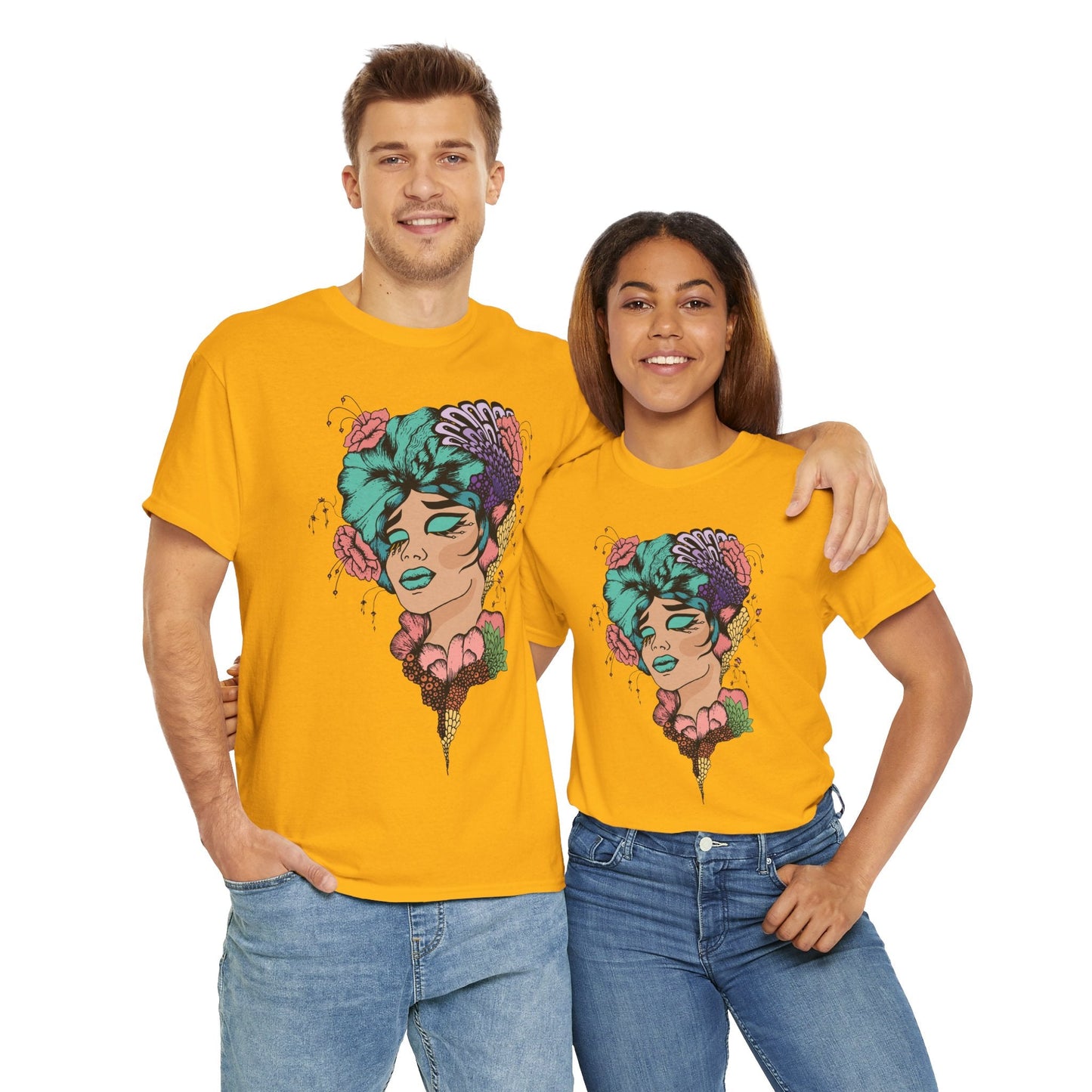 Surreal Floral Portrait T-Shirt — Colorful Woman Head Art Tee Printify