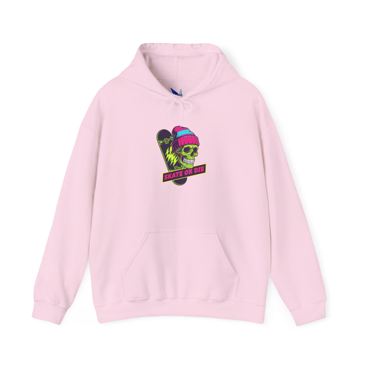 Skate or Die Skull Skateboard Hoodie — Neon Retro Skull Beanie Design Printify