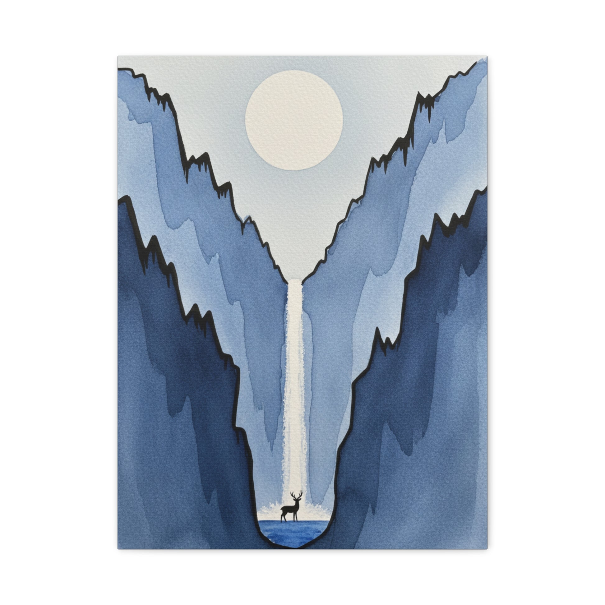 Blue Mountain Waterfall Canvas Print — Minimalist Deer Landscape Wall Art Printify